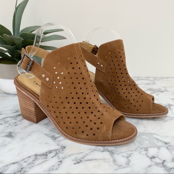 Chinese Laundry brown suede open toe block heel perforated ankle boots size 9 - Picture 1 of 10